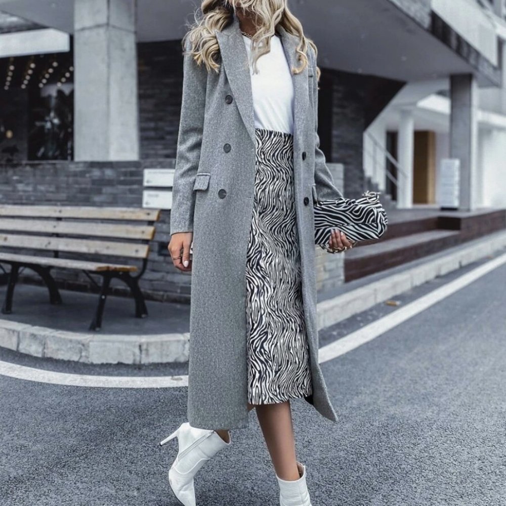 Gray double breasted long pea coat winter jacket - Picture 4 of 5